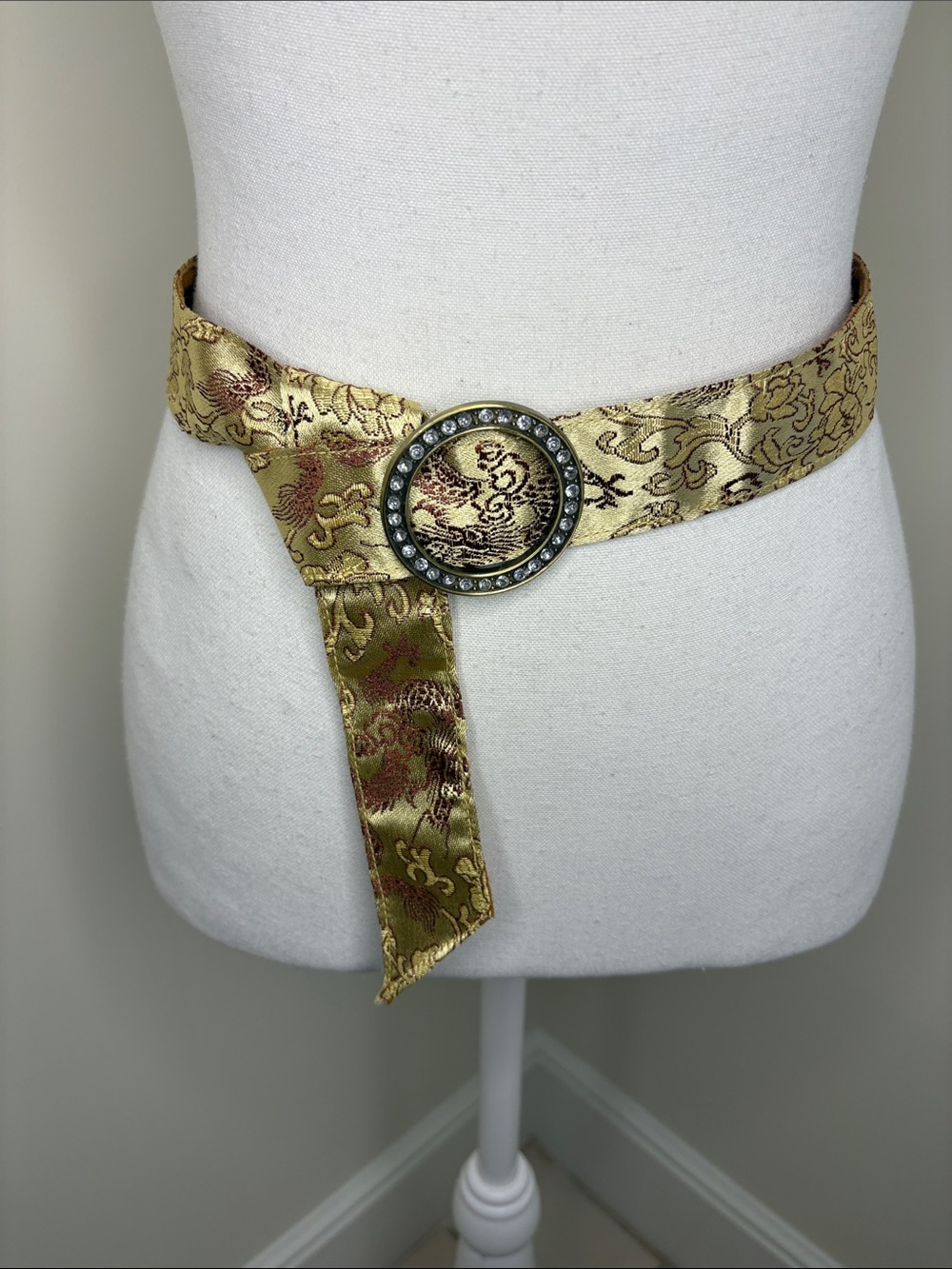 Vintage Oriental Brocade & Suede Belt Rhinestone Circle Buckle Statement Boho
